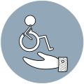 Icono personas con discapacidad en sillas de ruedas sostenido por una mano