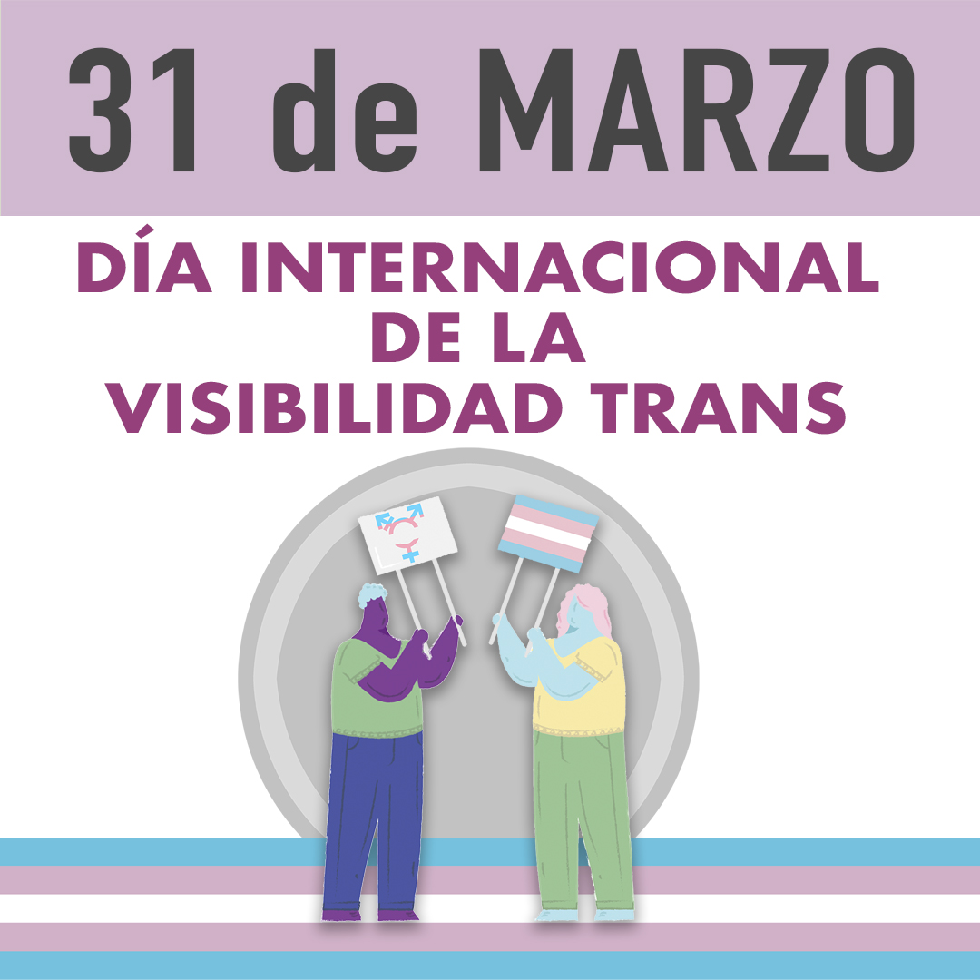 Imagen gráfica donde está escrito 31 de MARZO Día de la Visibilidad Trans sobre el dibujo de dos personas portando pancartas con la bandera y el símbolo Trans