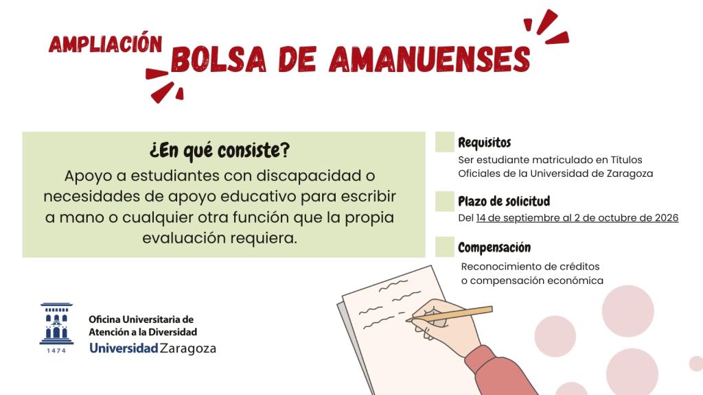 Cartel con la información Ampliación bolsa de amanuenses. Plazo de solicitud del 14 de septiembre al 2 de octubre de 2026, junto al logotipo de la Oficina Universitaria de Atención a la Diversidad