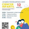 Cartel ilustrativo para la Jornadas con la imagen de unos padres abrazando a un niño que lleva pañuelo en la cabeza y mascarilla, junto a un lazo amarillo símbolo de la lucha contra el cáncer infantil