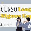 Dibujo de dos personas hablando por señas junto al texto Curso Lengua de Signos Española