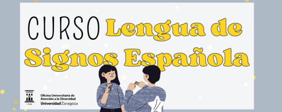 Dibujo de dos personas hablando por señas junto al texto Curso Lengua de Signos Española