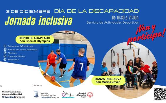 Cartel anunciador de la jornada inclusiva donde aparecen 2 fotos: una en la que 3 personas con discapacidad intelectual están jugando al fútbol. Y otra en la que 5 personas en sillas de ruedas levantan sus brazos sonrientes mientras bailan en un sala