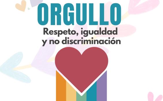 líneas de color arcoiris de las que sale un corazón en con el texto: Orgullo, respeto y no discriminación