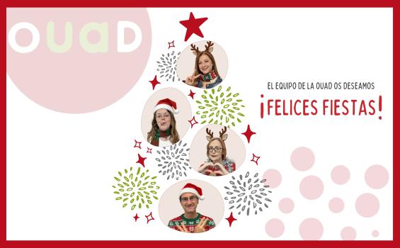 Imagen decorativa que representa un arbol de navidad del que cuelgan bolas con las fotos de los 4 integrantes de la OUAD junto al texto felices fiestas.