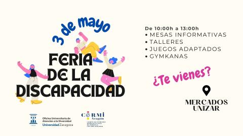 Cartel decorativo con el título FERIA DE LA DISCAPACIDAD 3 de mayo. ¿Te vienes?