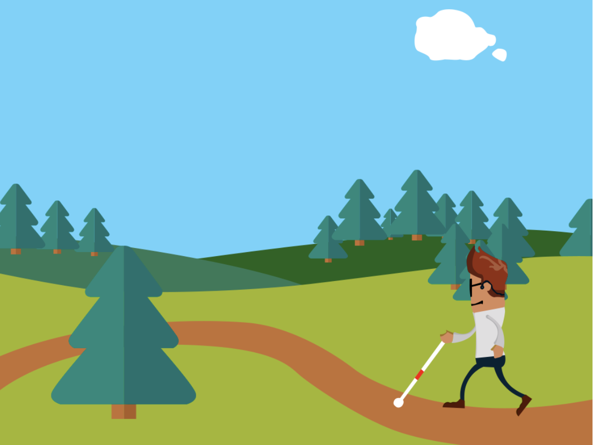 Imagen gráfica en la que aparece una persona con discapacidad caminando por un paisaje de campo.