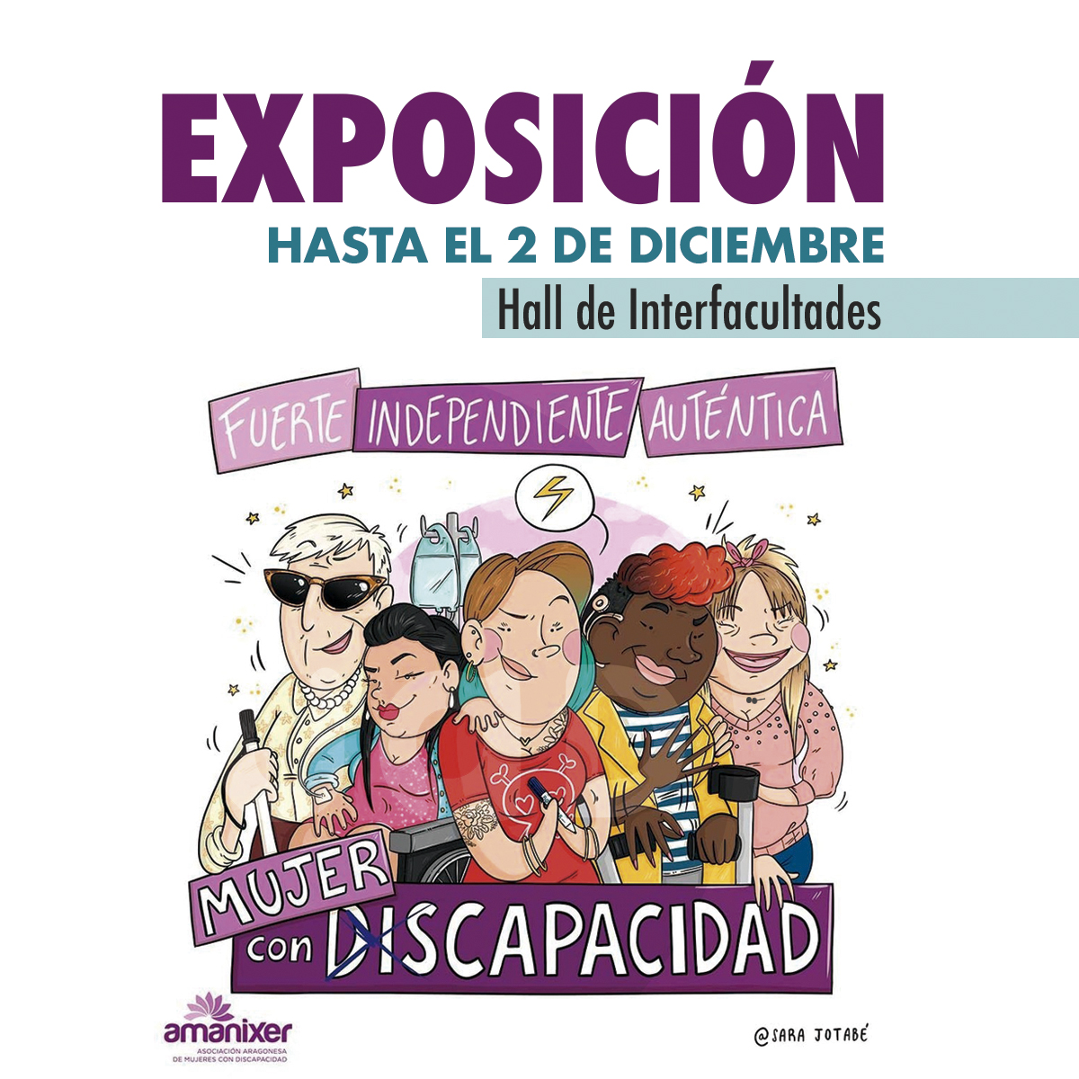 Imagen del cartel de la EXOSICIÓN MUJER Y DISCAPACIDAD donde aparece la ilustración de 5 mujeres con diferentes discapacidades dibujadas por la autora Sara Jotabé, autora también de la exposición.