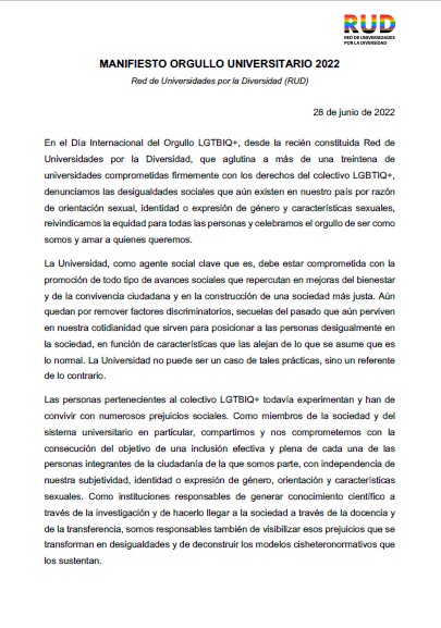 Imagen de la primera página del documento donde está escrito el MANIFIESTO ORGULLO UNIVERSITARIO 2022